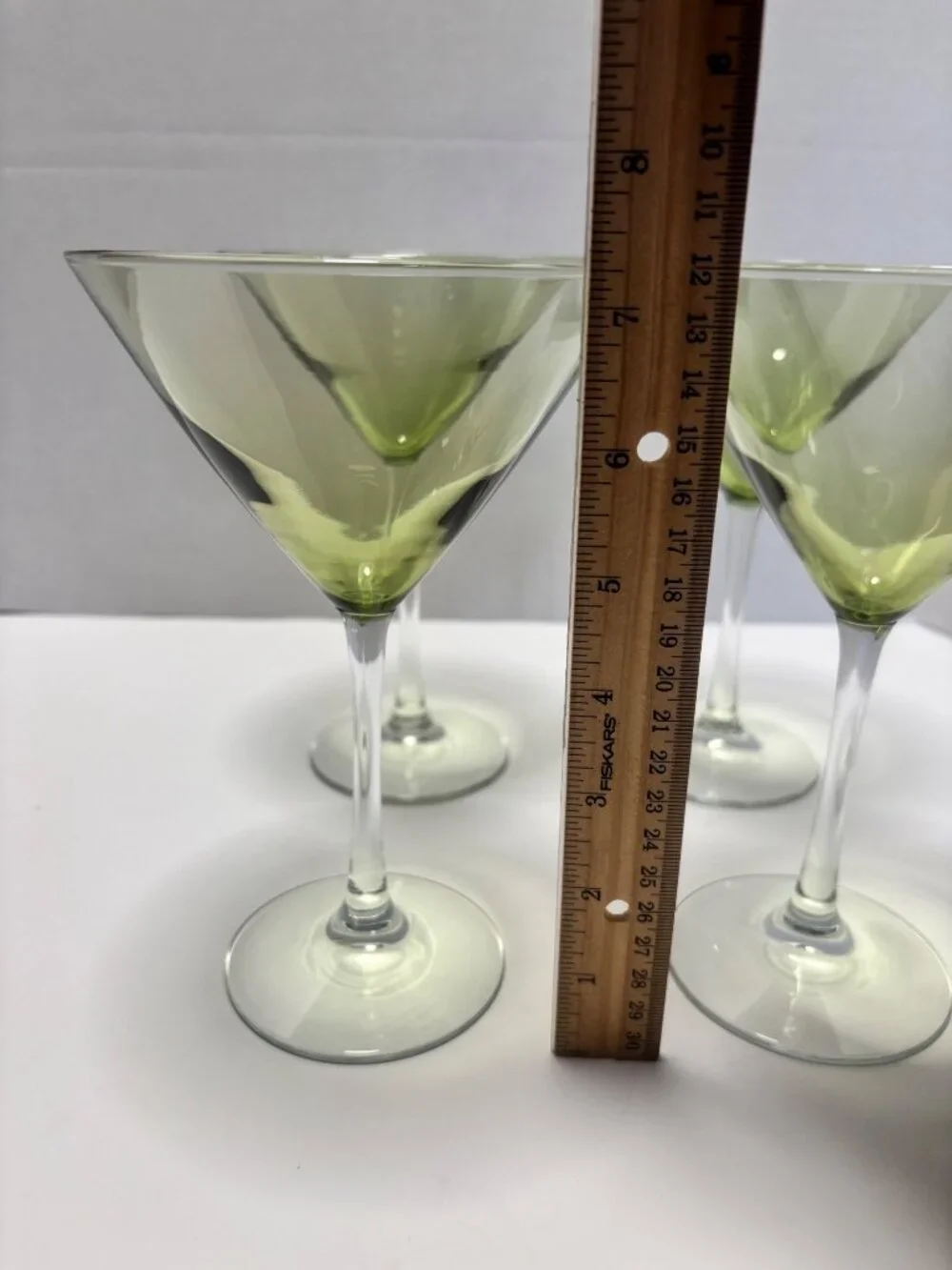 Olive Green Hand Blown Martini Glasses Elegant Design VTG 90s Barware Set Of 4